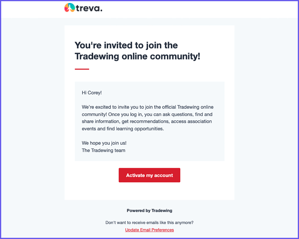 A welcome email inviting a member to join an association’s community engagement platform