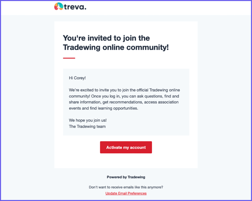 An email invitation to join Tradewing's online community