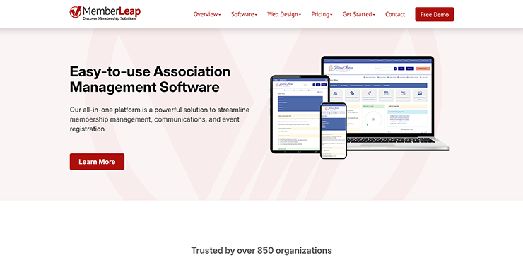 Association management software MemberLeap's homepage 