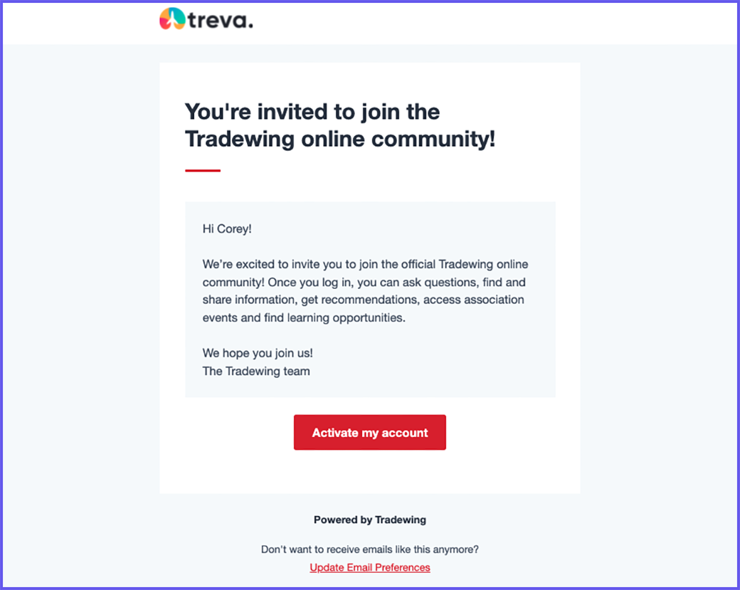 A screenshot of Tradewing's member engagement platform email invite